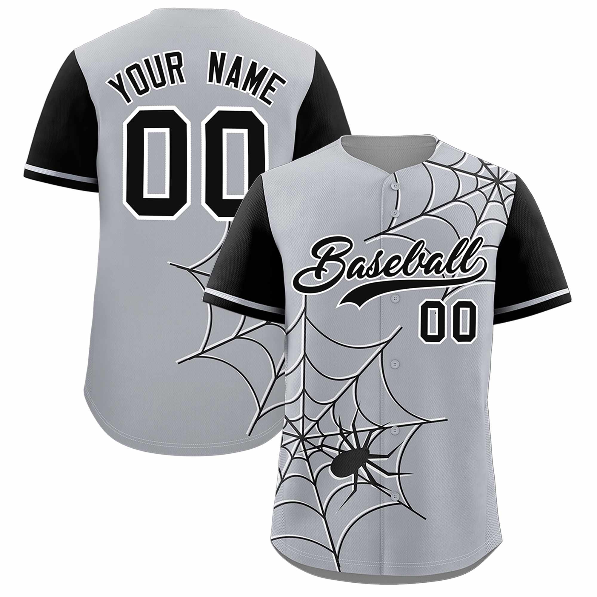 Custom Gray-Black Spider Web Pattern Raglan Sleeves Authentic Baseball Jersey