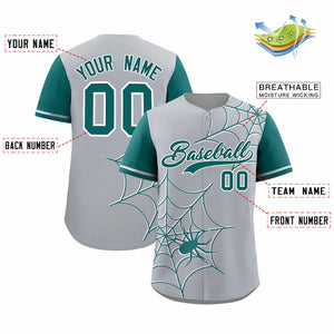 Custom Gray-Aqua Spider Web Pattern Raglan Sleeves Authentic Baseball Jersey