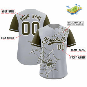 Custom Gray-Olive Spider Web Pattern Raglan Sleeves Authentic Baseball Jersey