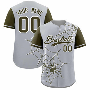 Custom Gray-Olive Spider Web Pattern Raglan Sleeves Authentic Baseball Jersey