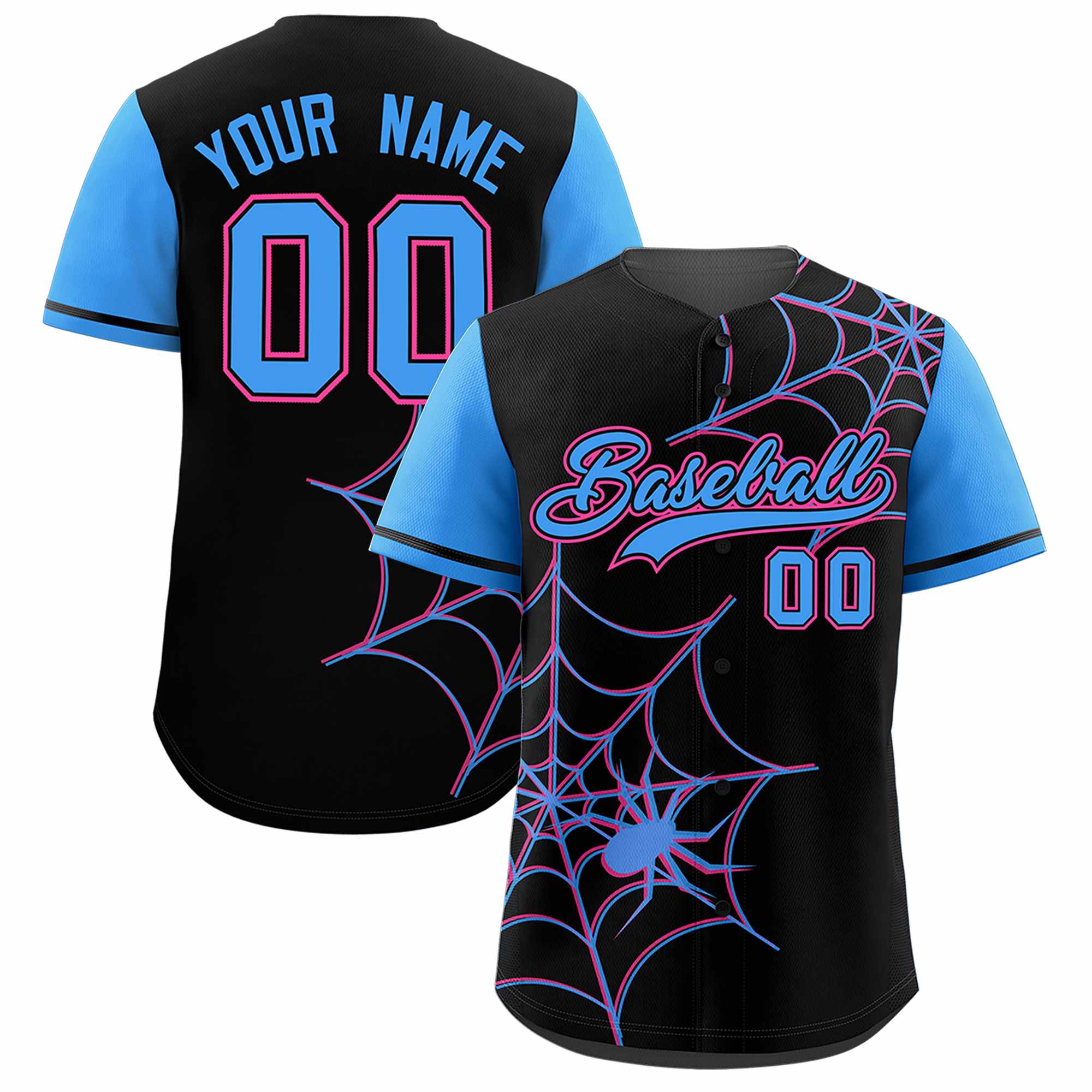 Custom Black-Powder Blue Spider Web Pattern Raglan Sleeves Authentic Baseball Jersey