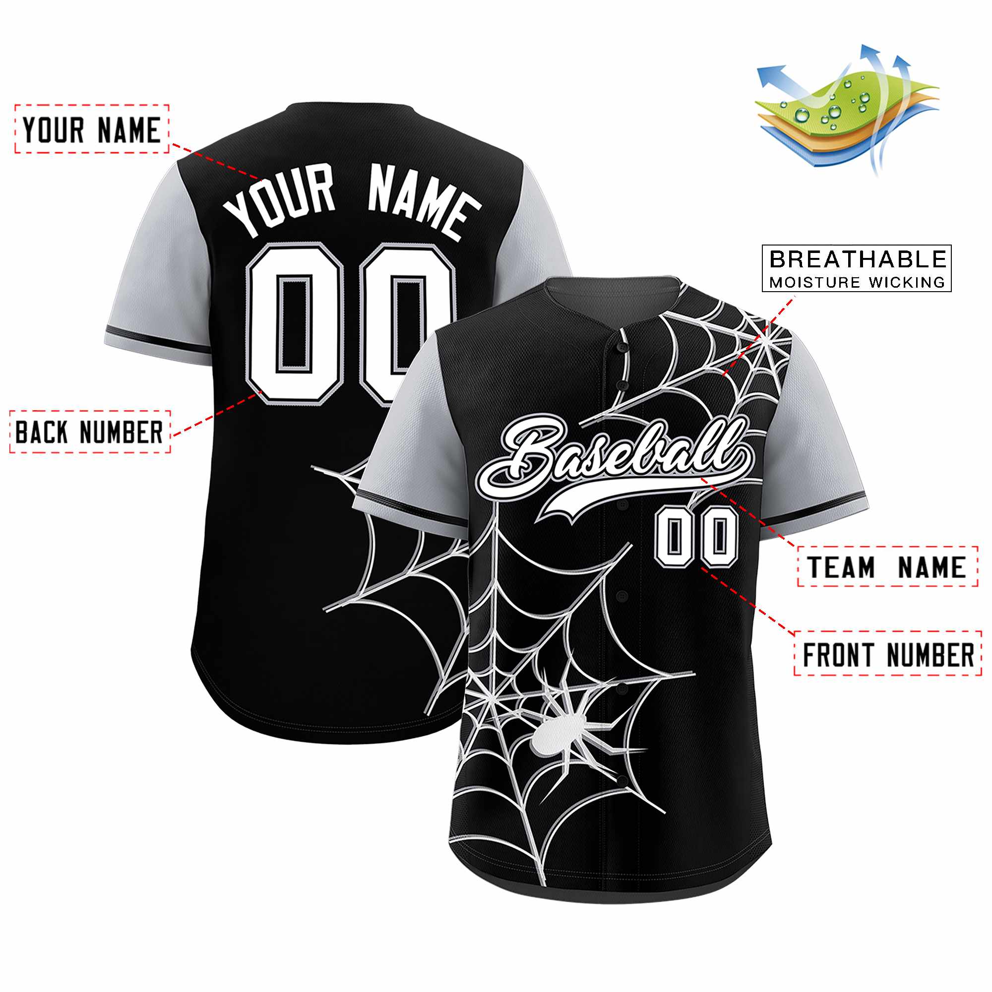 Custom Black-Gray Spider Web Pattern Raglan Sleeves Authentic Baseball Jersey