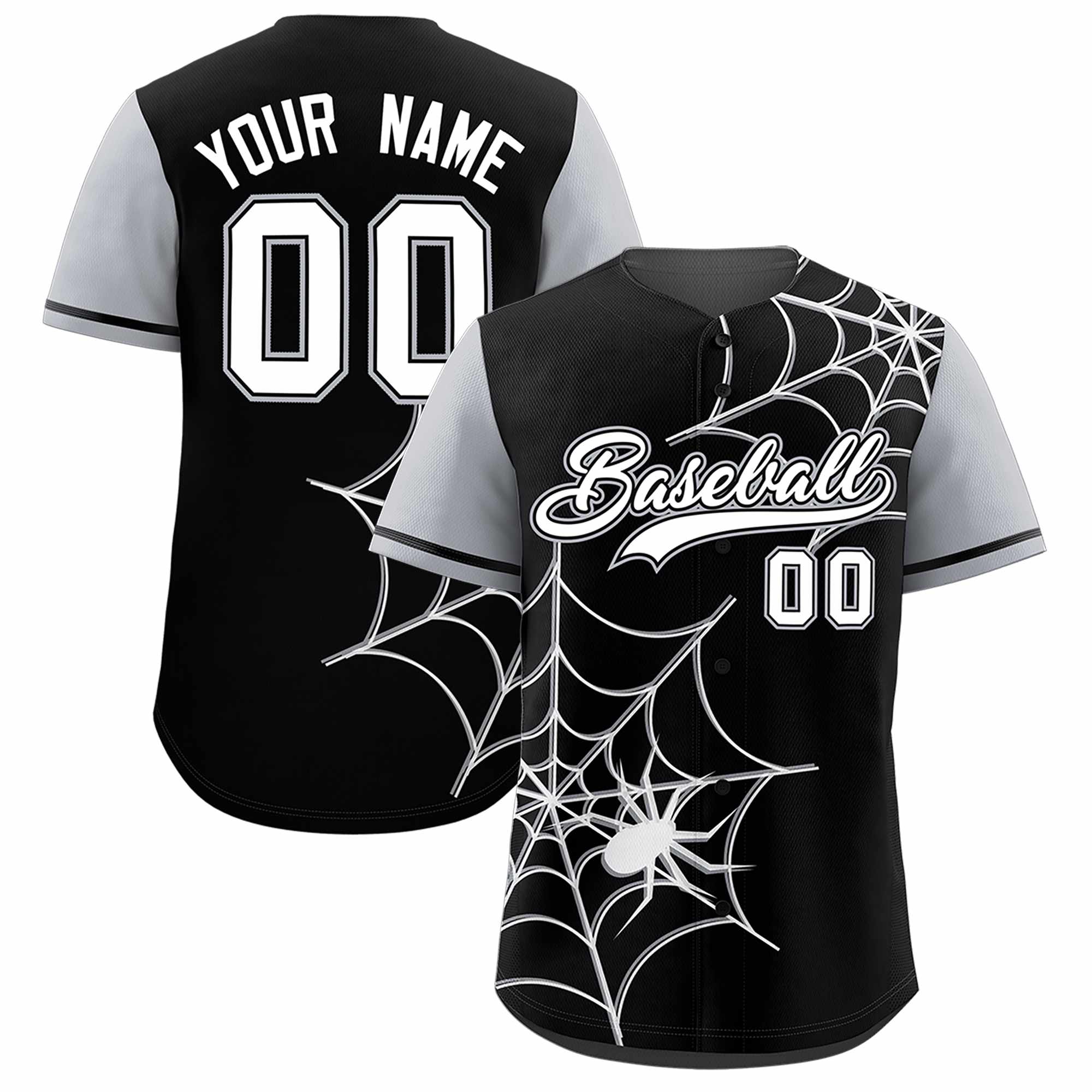 Custom Black-Gray Spider Web Pattern Raglan Sleeves Authentic Baseball Jersey