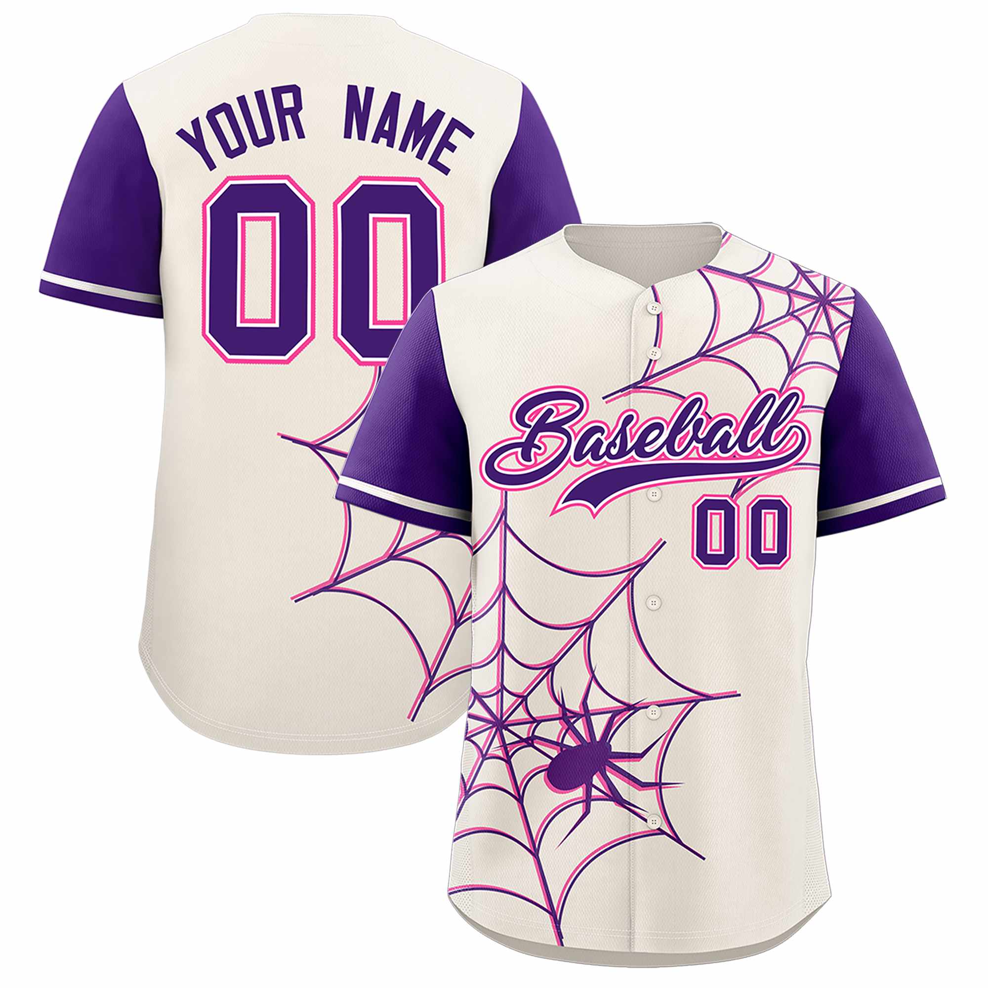 Custom Cream-Purple Spider Web Pattern Raglan Sleeves Authentic Baseball Jersey