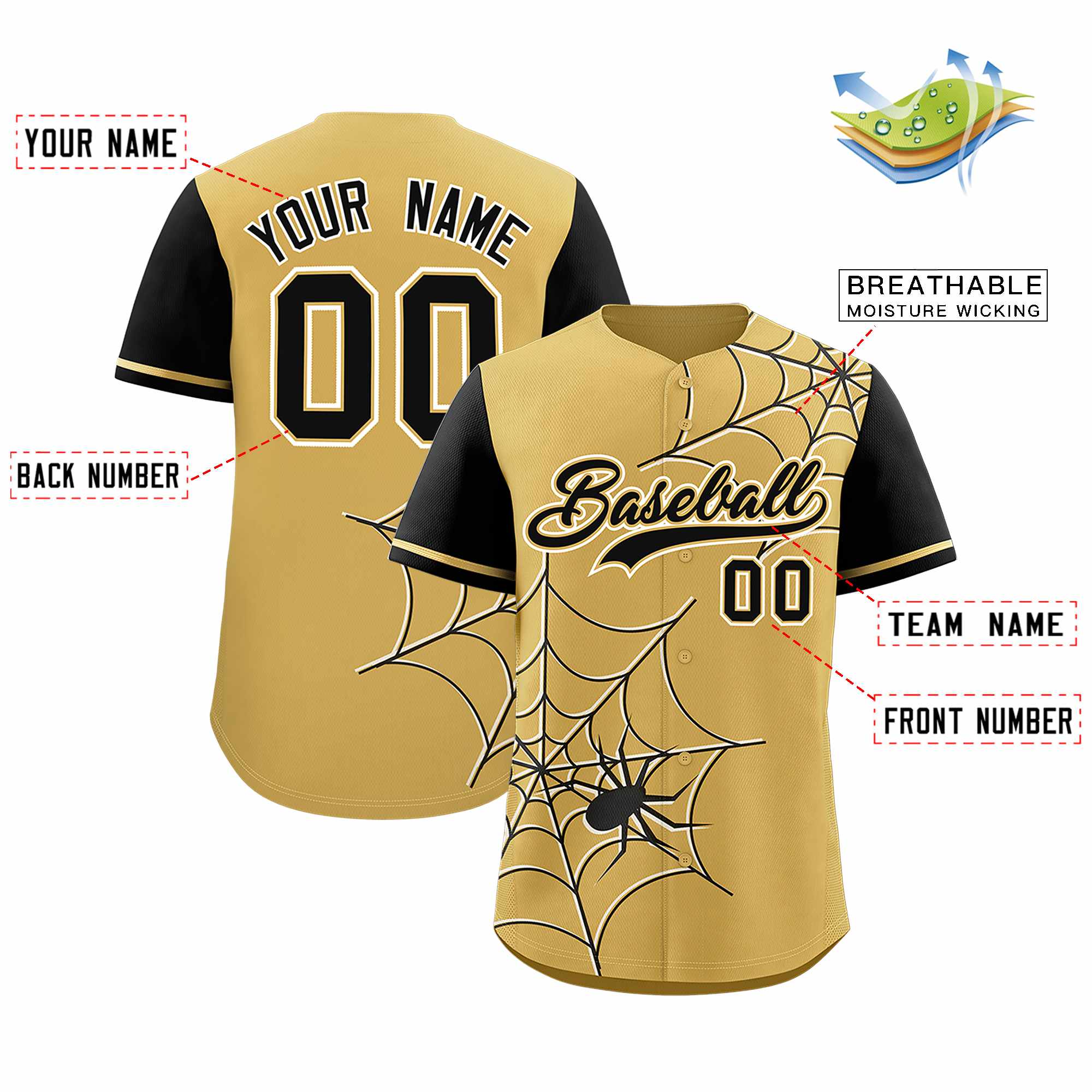 Custom Old Gold-Black Spider Web Pattern Raglan Sleeves Authentic Baseball Jersey