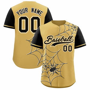 Custom Old Gold-Black Spider Web Pattern Raglan Sleeves Authentic Baseball Jersey