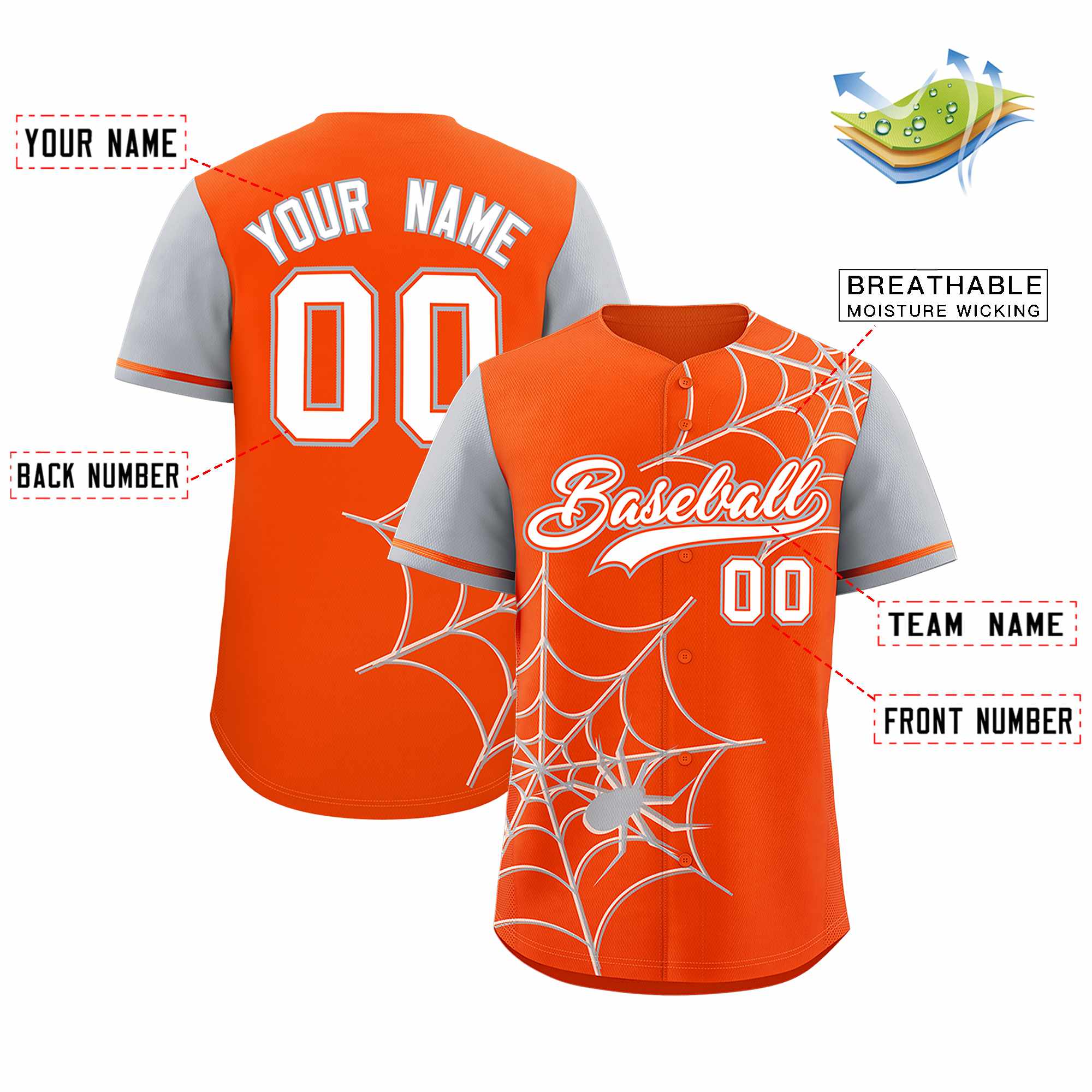 Custom Orange-Gray Spider Web Pattern Raglan Sleeves Authentic Baseball Jersey