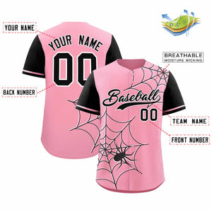 Custom Light Pink-Black Spider Web Pattern Raglan Sleeves Authentic Baseball Jersey