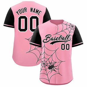 Custom Light Pink-Black Spider Web Pattern Raglan Sleeves Authentic Baseball Jersey