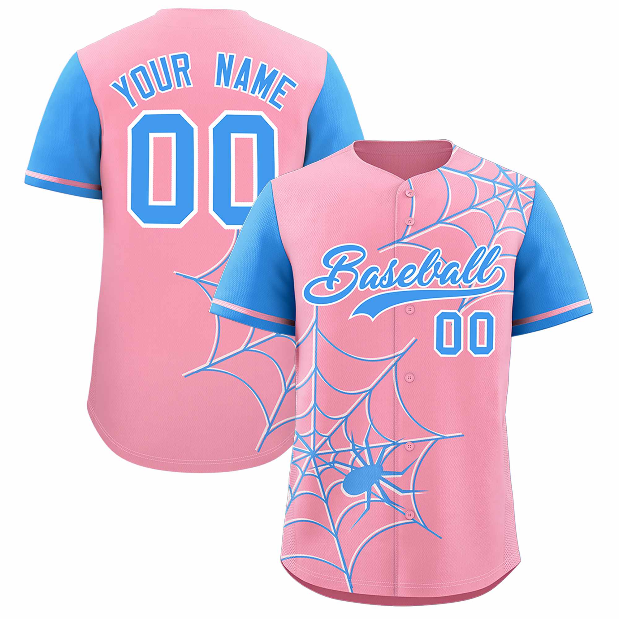 Custom Light Pink-Powder Blue Spider Web Pattern Raglan Sleeves Authentic Baseball Jersey