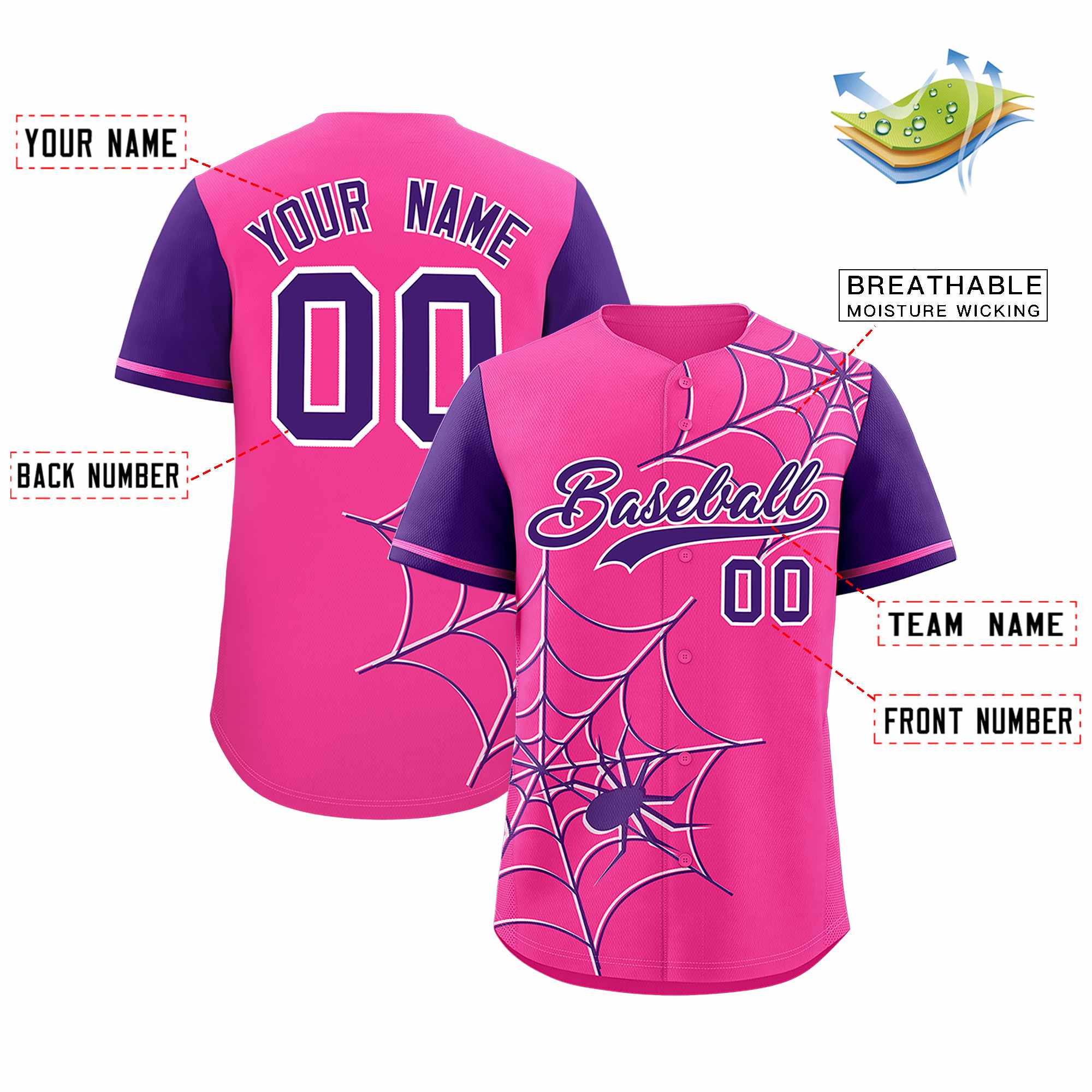 Custom Pink-Purple Spider Web Pattern Raglan Sleeves Authentic Baseball Jersey