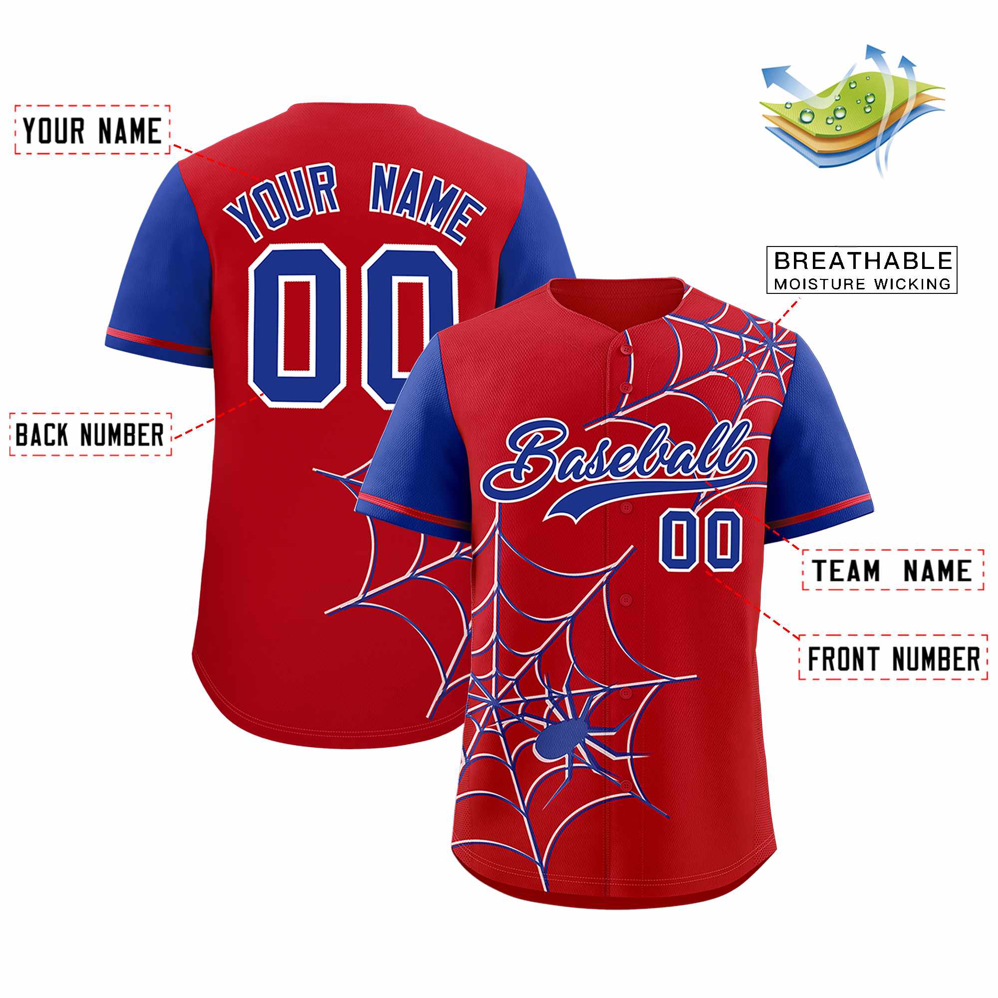 Custom Red-Royal Spider Web Pattern Raglan Sleeves Authentic Baseball Jersey