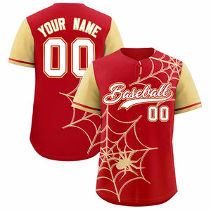 Custom Red-Khaki Spider Web Pattern Raglan Sleeves Authentic Baseball Jersey