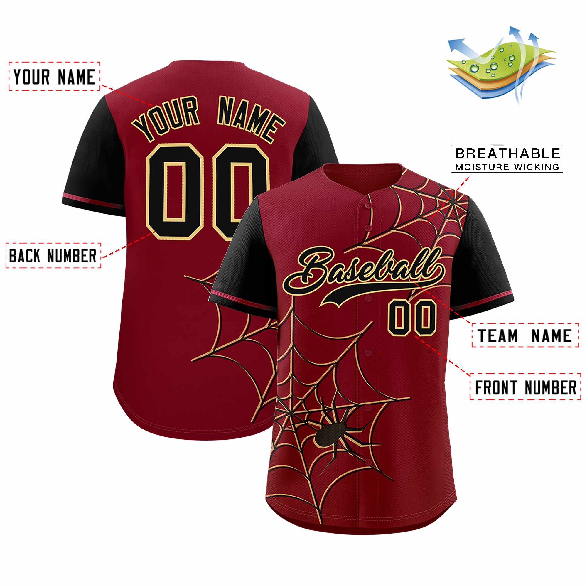 Custom Crimson-Black Spider Web Pattern Raglan Sleeves Authentic Baseball Jersey