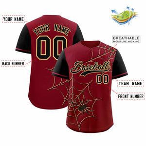 Custom Crimson-Black Spider Web Pattern Raglan Sleeves Authentic Baseball Jersey