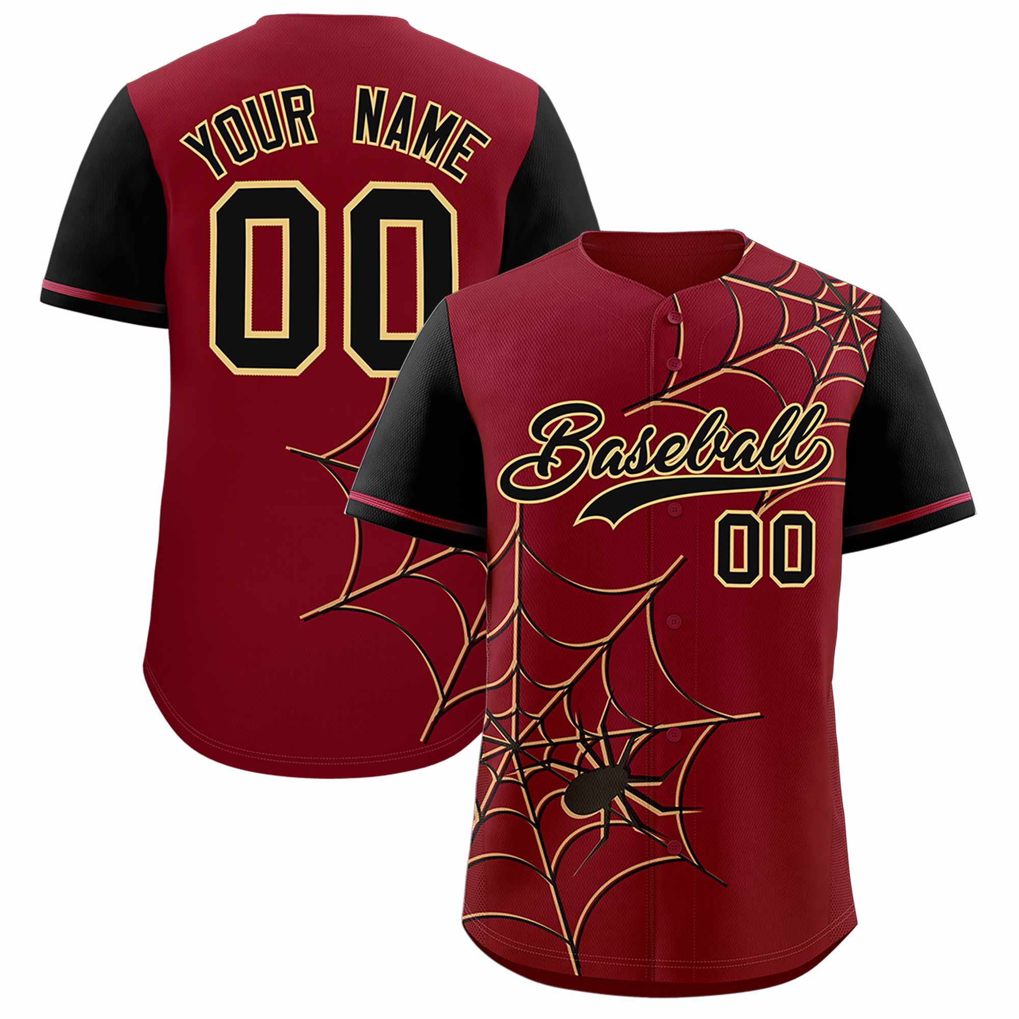 Custom Crimson-Black Spider Web Pattern Raglan Sleeves Authentic Baseball Jersey