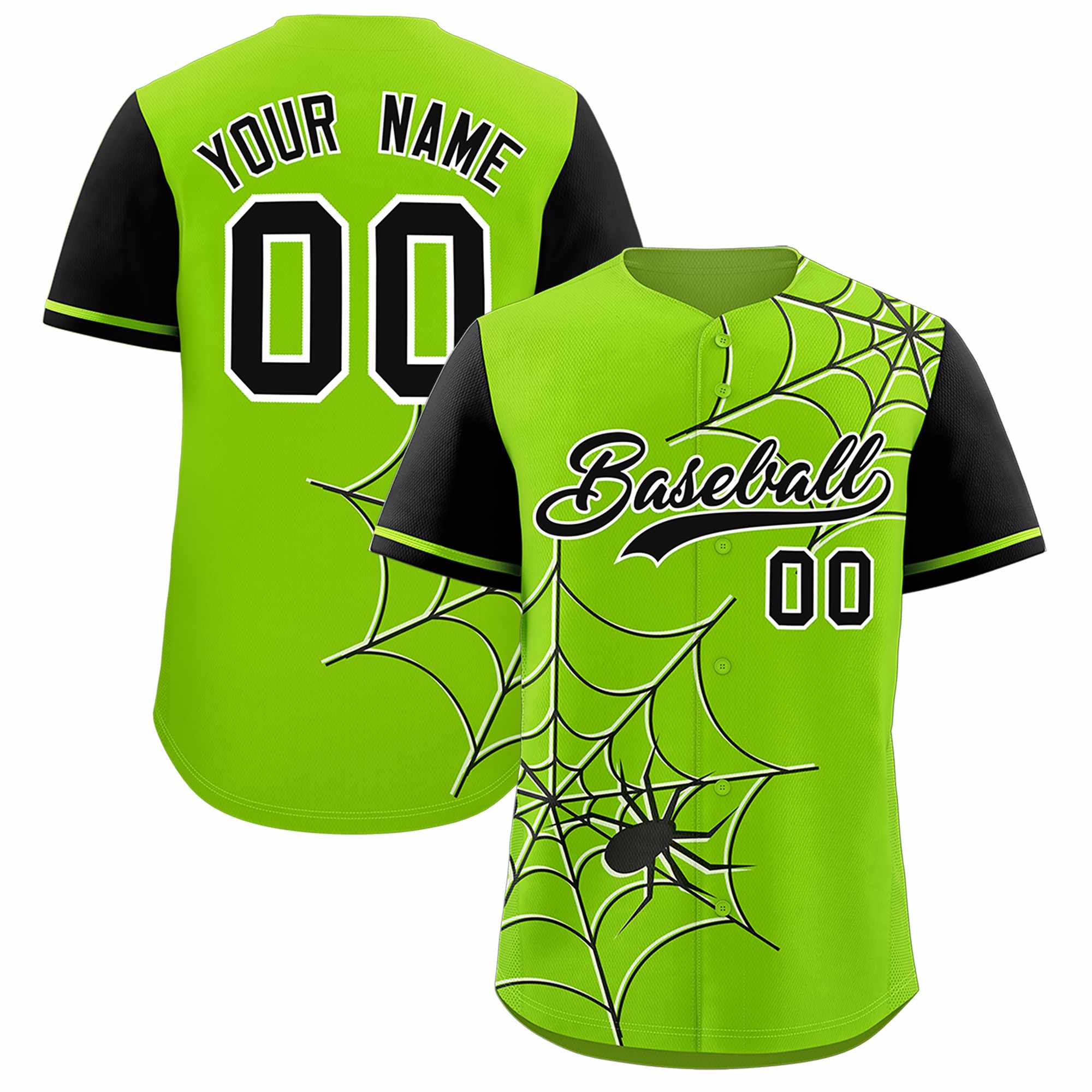 Custom Neon Green-Black Spider Web Pattern Raglan Sleeves Authentic Baseball Jersey