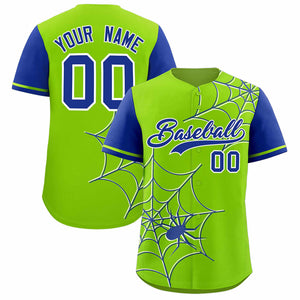 Custom Neon Green-Royal Spider Web Pattern Raglan Sleeves Authentic Baseball Jersey