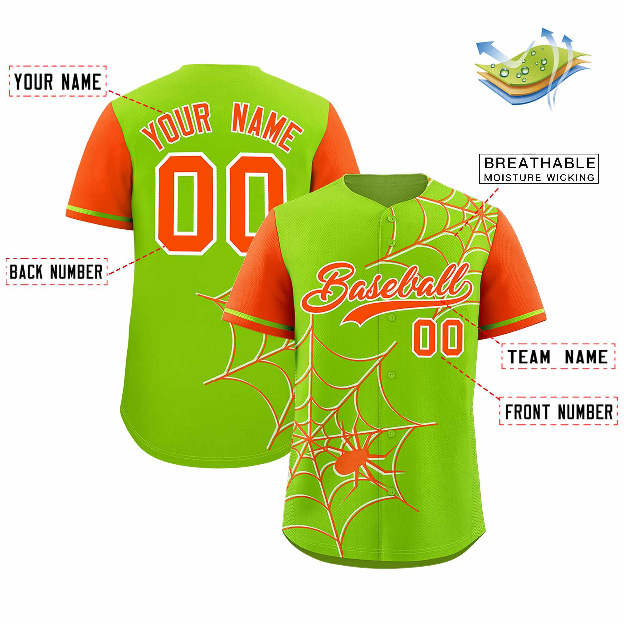 Custom Neon Green-Orange Spider Web Pattern Raglan Sleeves Authentic Baseball Jersey