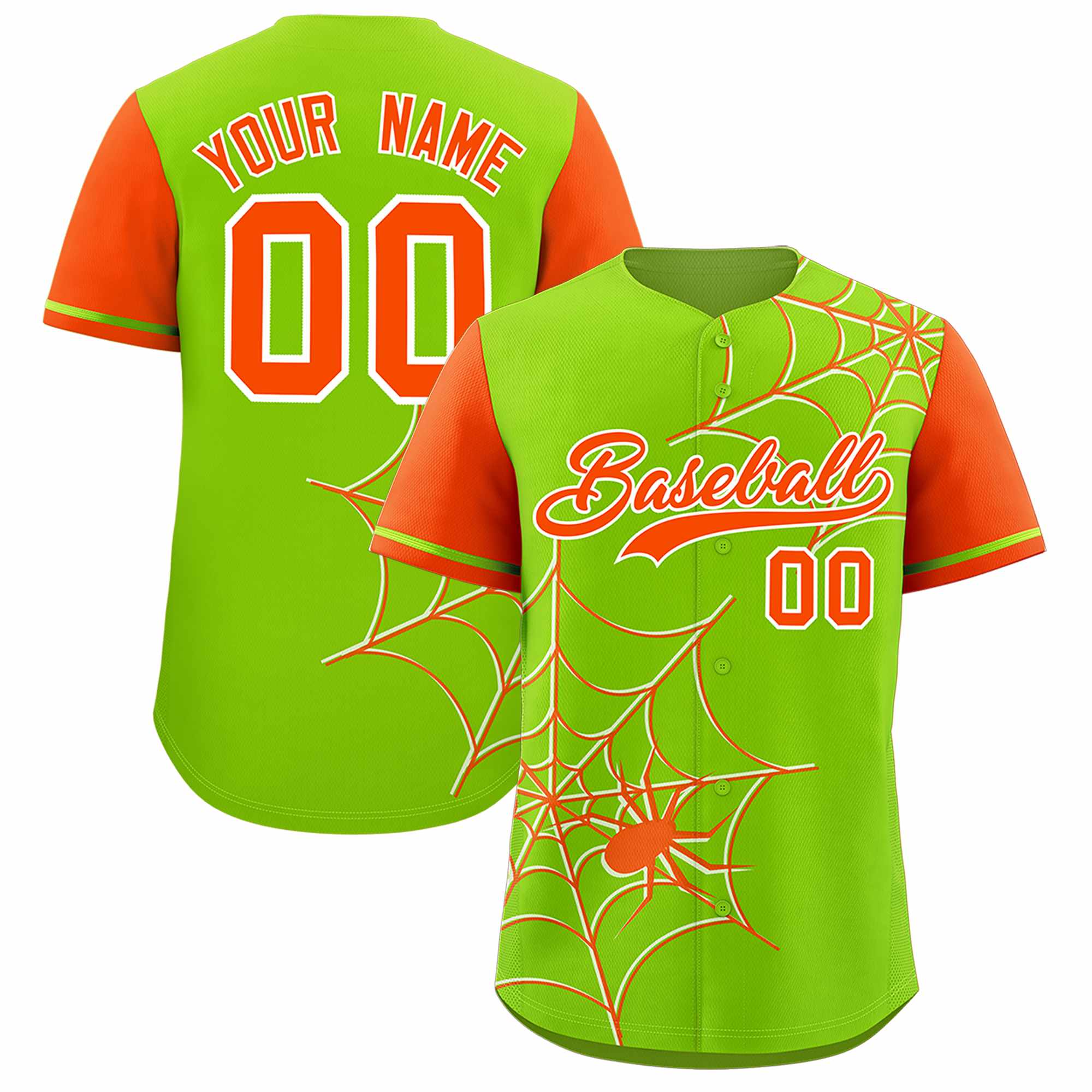 Custom Neon Green-Orange Spider Web Pattern Raglan Sleeves Authentic Baseball Jersey