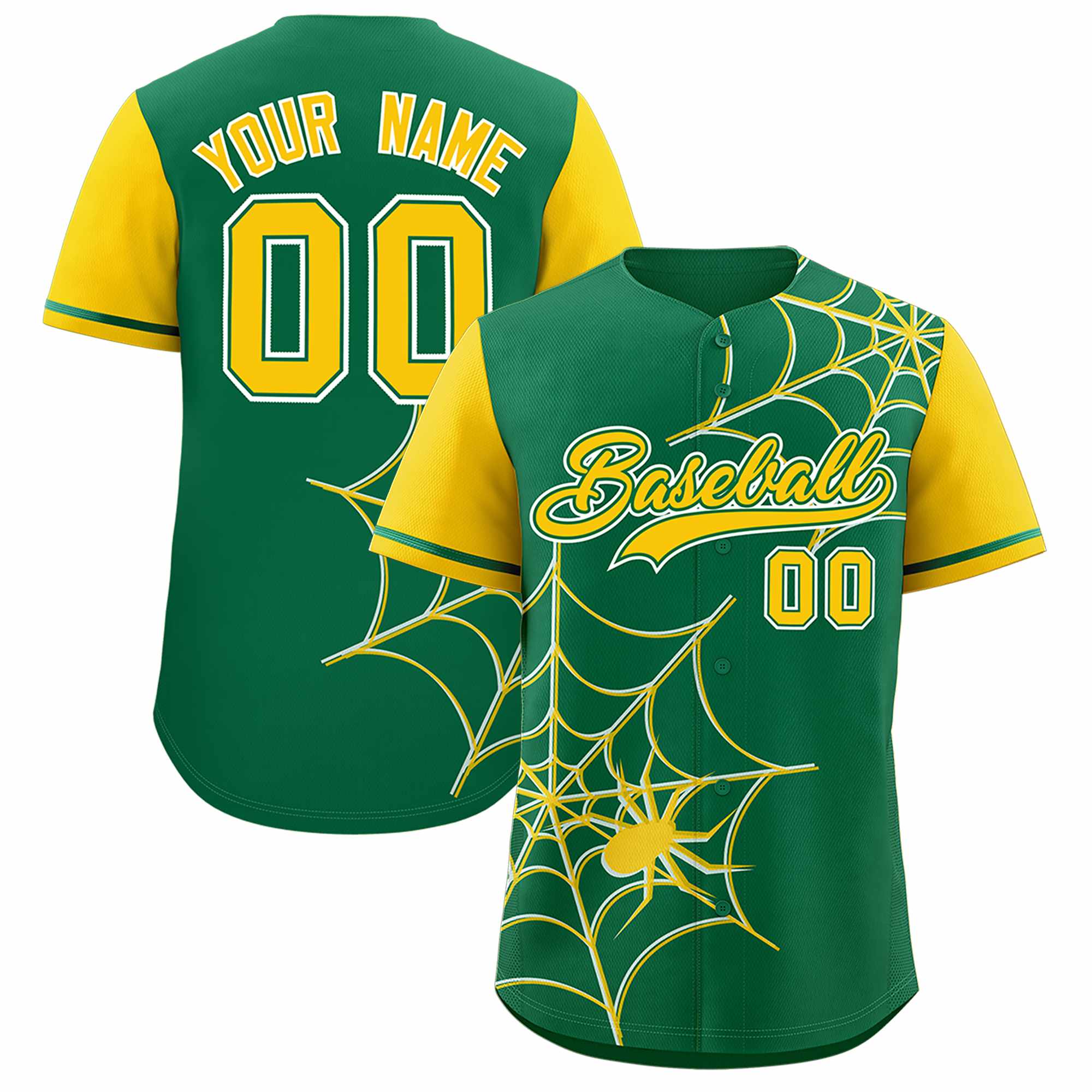 Custom Kelly Green-Gold Spider Web Pattern Raglan Sleeves Authentic Baseball Jersey