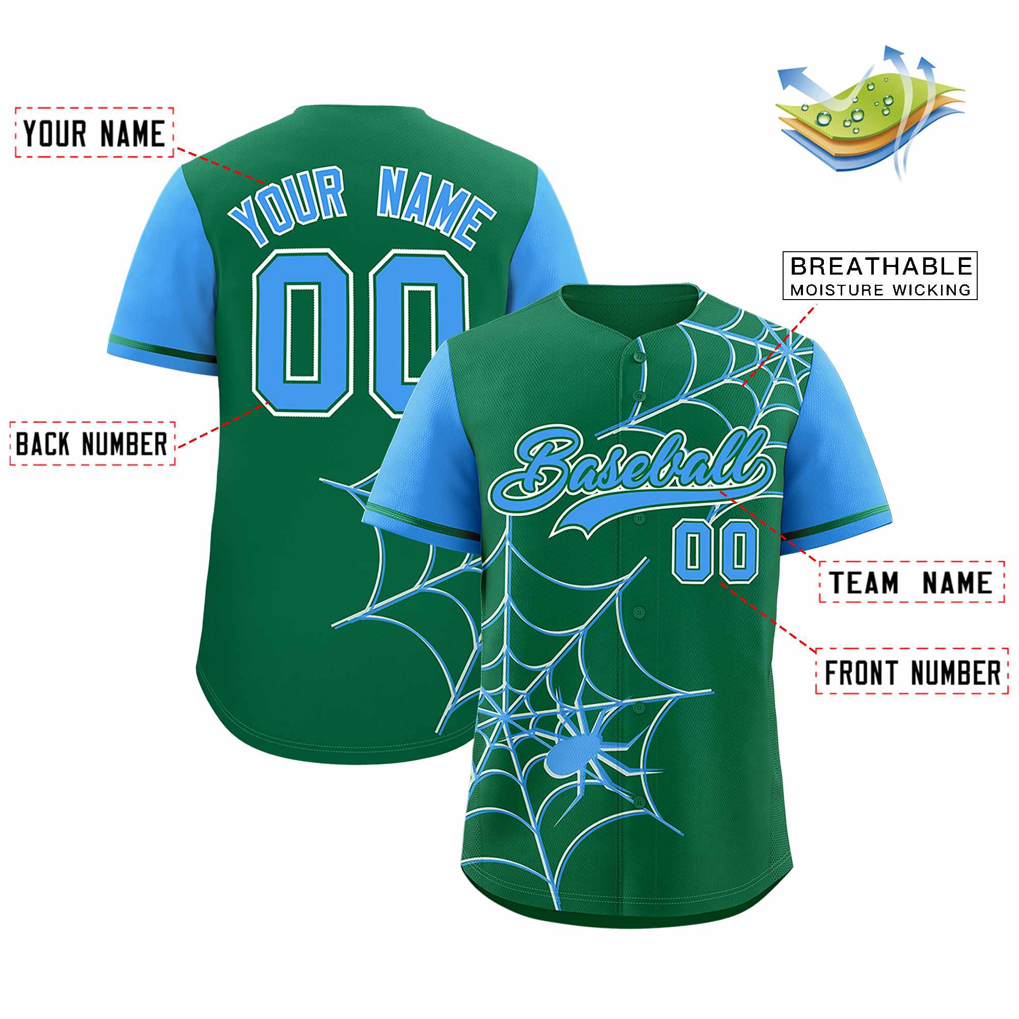 Custom Kelly Green-Powder Blue Spider Web Pattern Raglan Sleeves Authentic Baseball Jersey