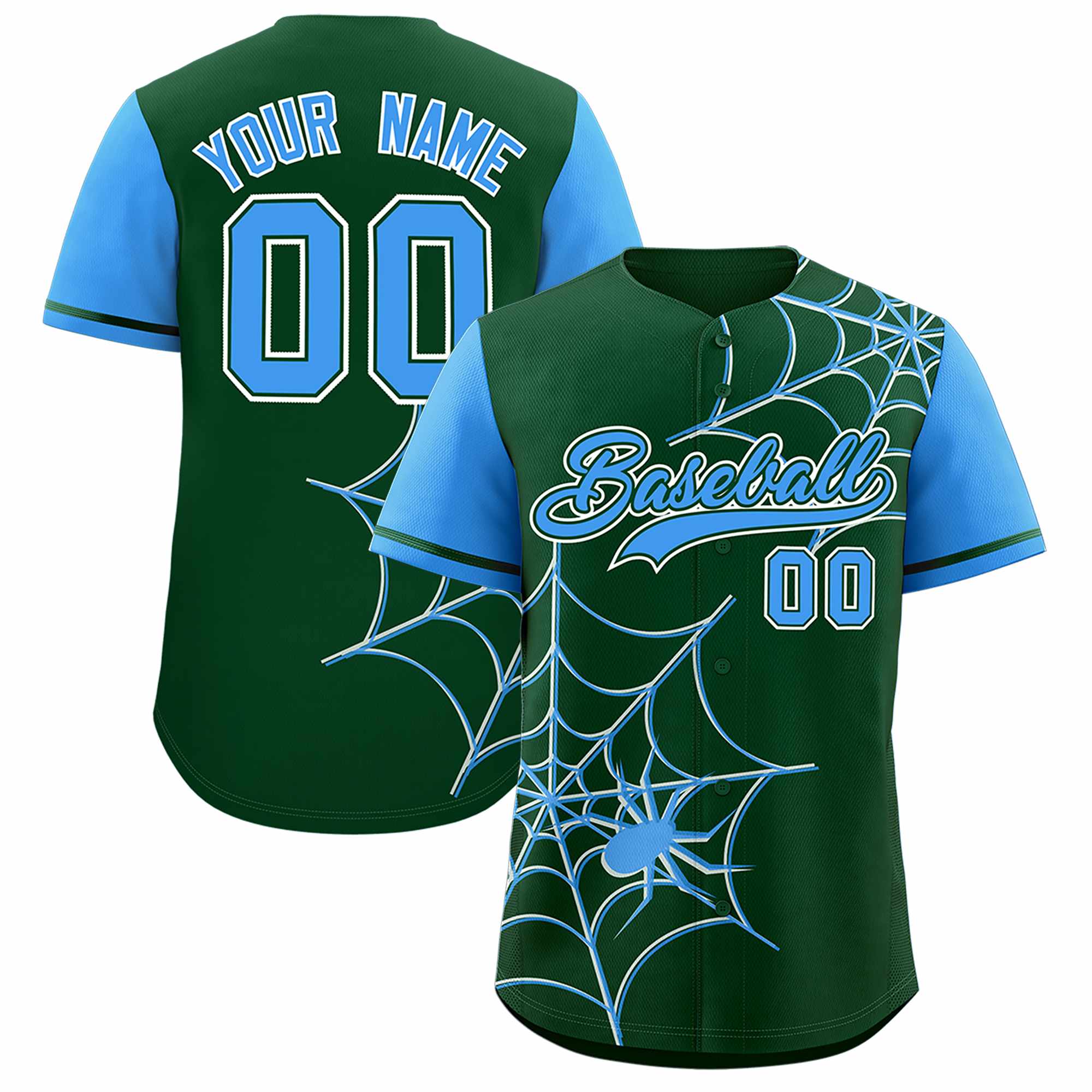 Custom Green-Powder Blue Spider Web Pattern Raglan Sleeves Authentic Baseball Jersey