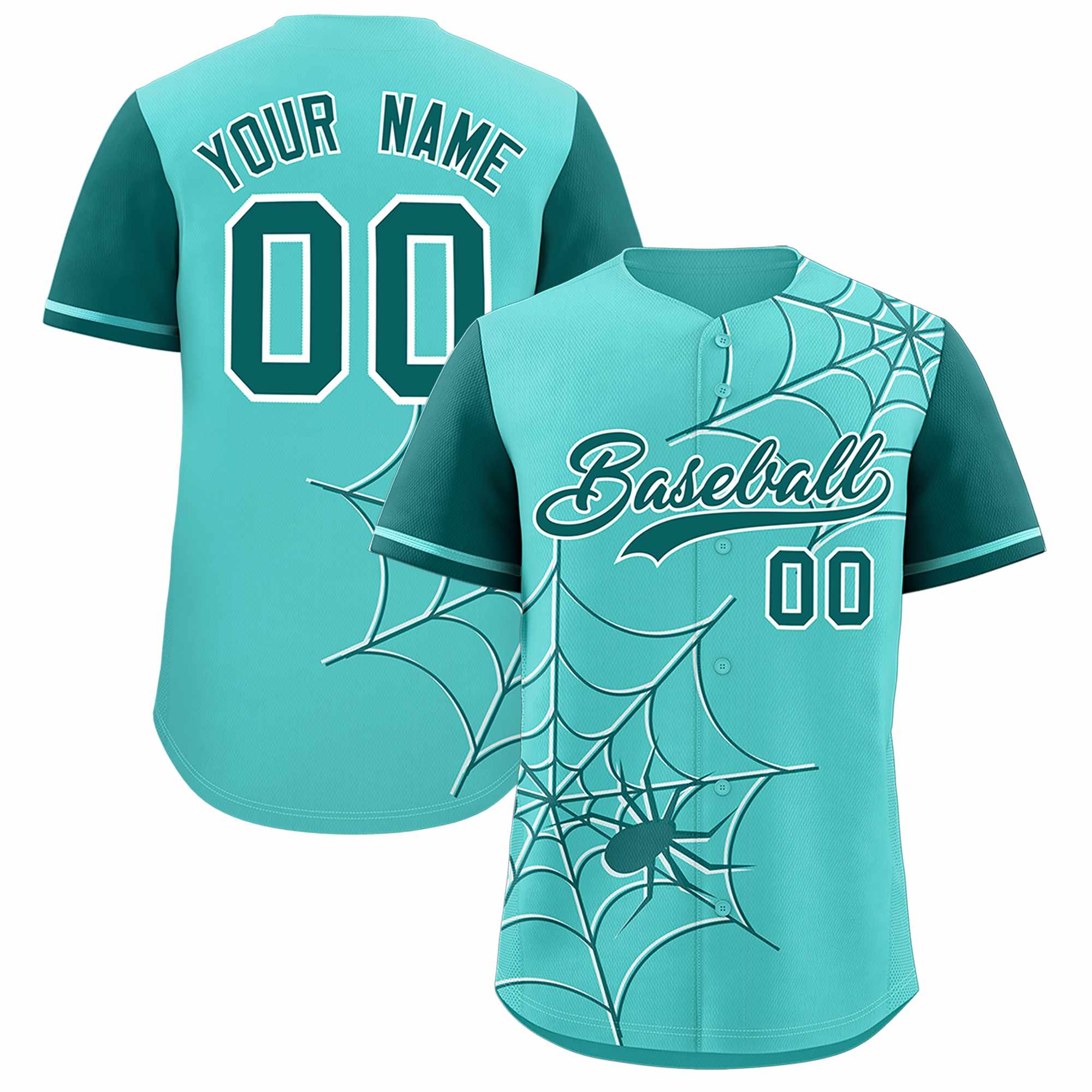 Custom Bright Green-Aqua Spider Web Pattern Raglan Sleeves Authentic Baseball Jersey