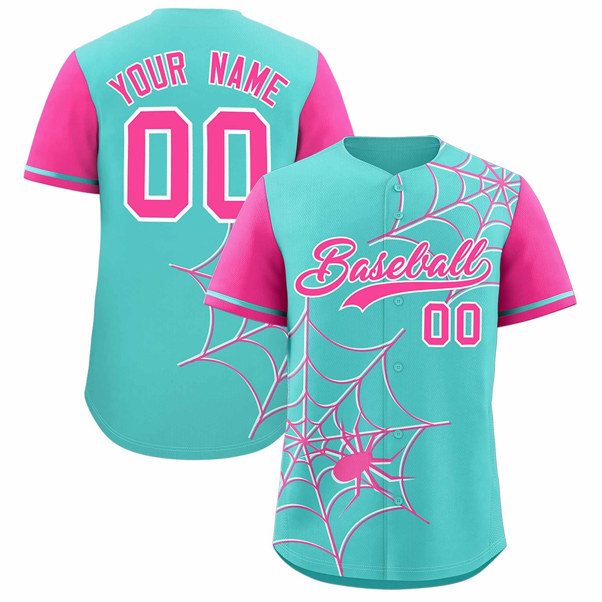 Custom Bright Green-Pink Spider Web Pattern Raglan Sleeves Authentic Baseball Jersey