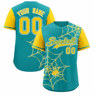 Custom Aqua-Gold Spider Web Pattern Raglan Sleeves Authentic Baseball Jersey