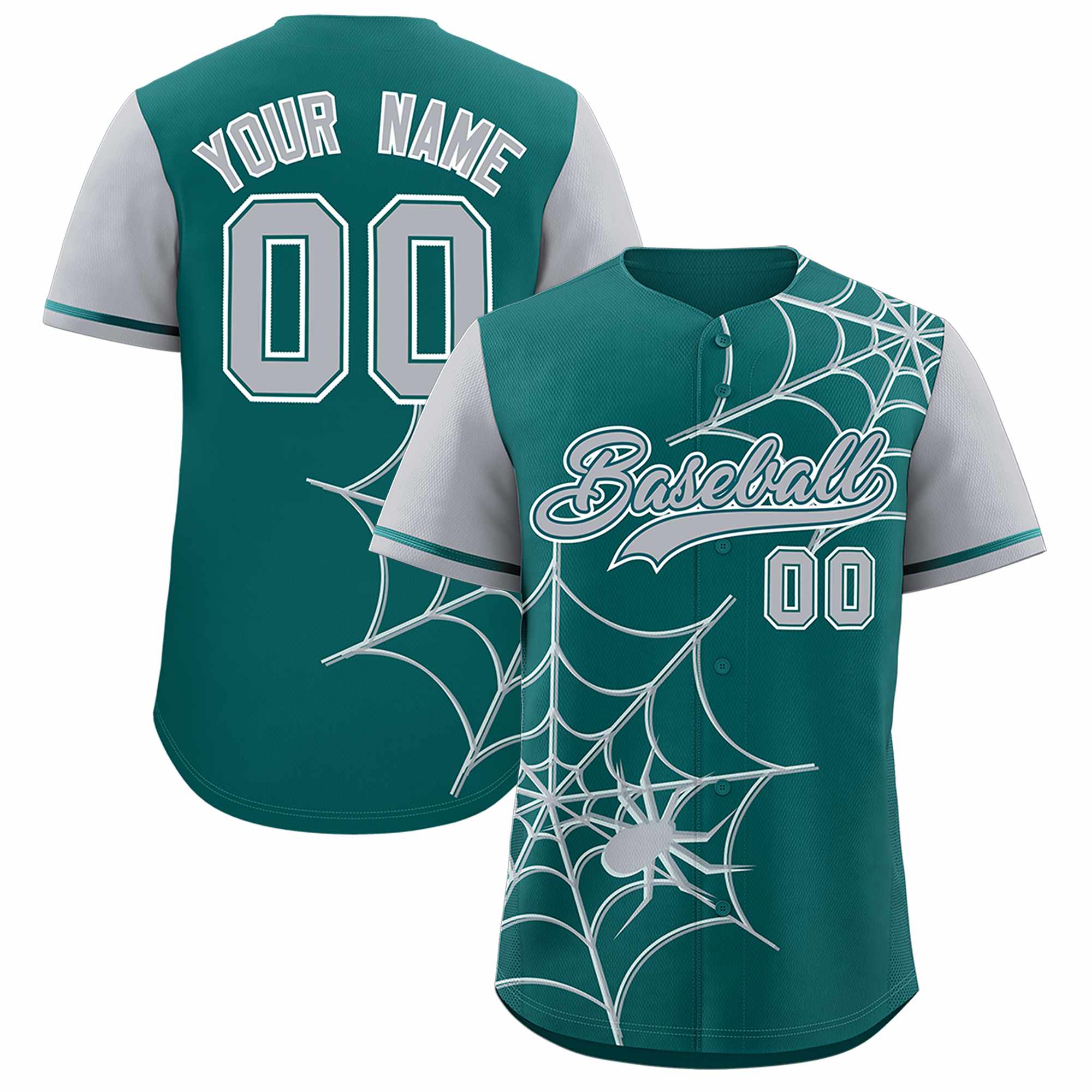 Custom Aqua-Gray Spider Web Pattern Raglan Sleeves Authentic Baseball Jersey