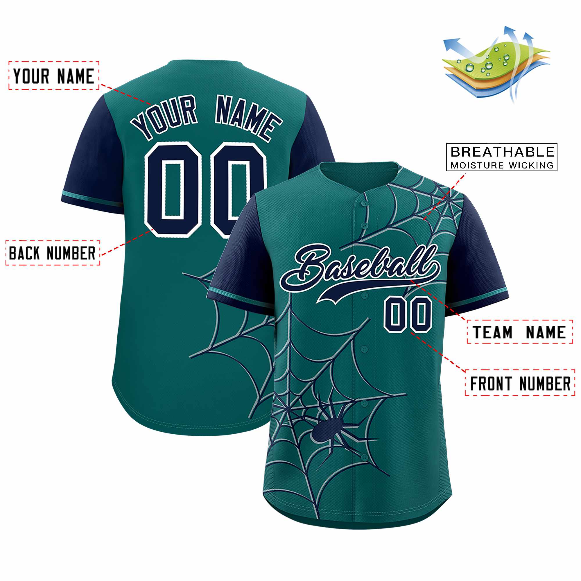 Custom Aqua-Navy Spider Web Pattern Raglan Sleeves Authentic Baseball Jersey