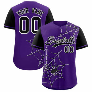 Custom Purple-Black Spider Web Pattern Raglan Sleeves Authentic Baseball Jersey