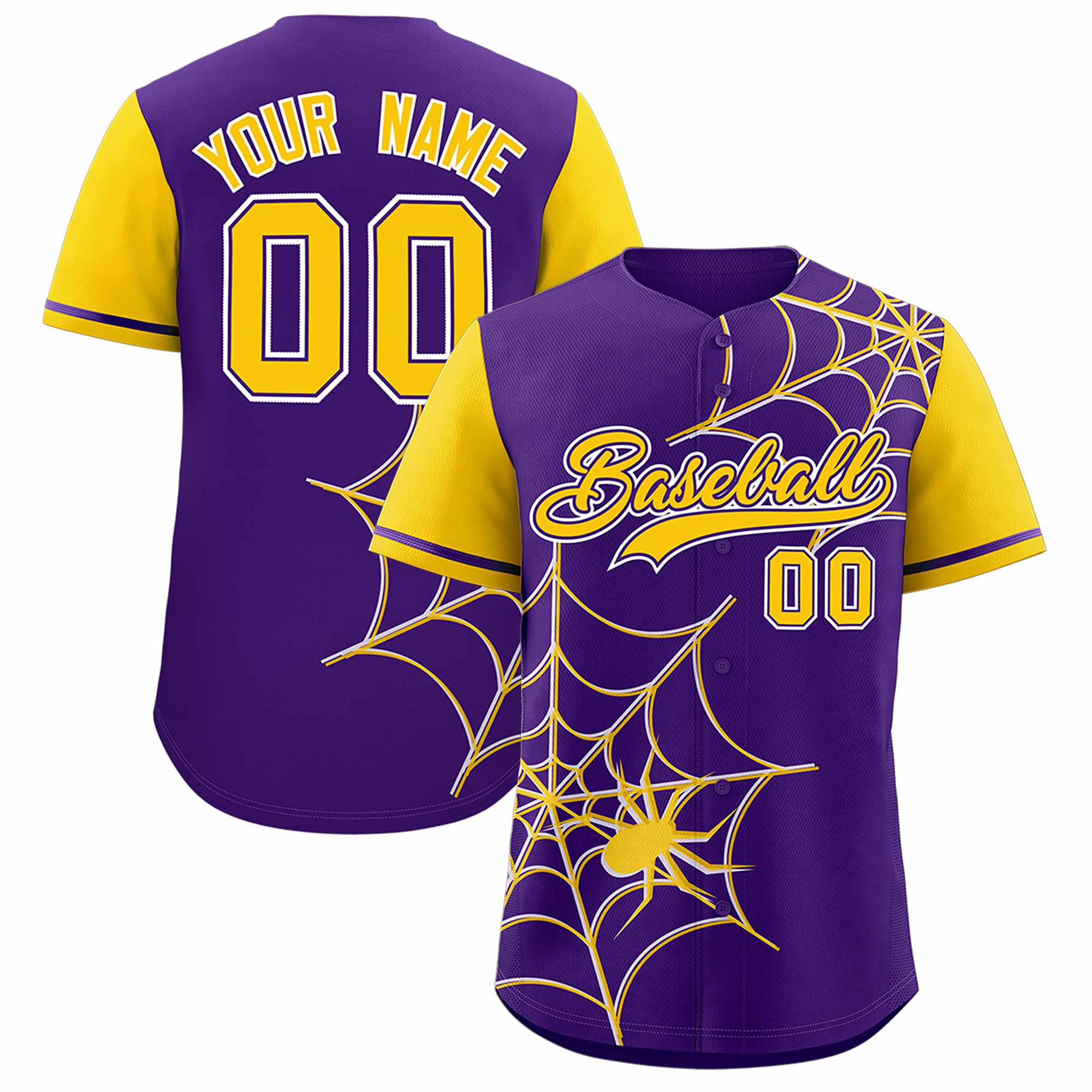 Custom Purple-Gold Spider Web Pattern Raglan Sleeves Authentic Baseball Jersey