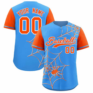 Custom Powder Blue-Orange Spider Web Pattern Raglan Sleeves Authentic Baseball Jersey