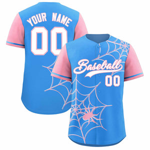 Custom Powder Blue-Light Pink Spider Web Pattern Raglan Sleeves Authentic Baseball Jersey