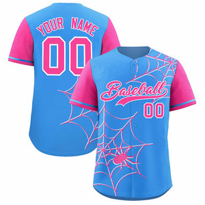 Custom Powder Blue-Pink Spider Web Pattern Raglan Sleeves Authentic Baseball Jersey