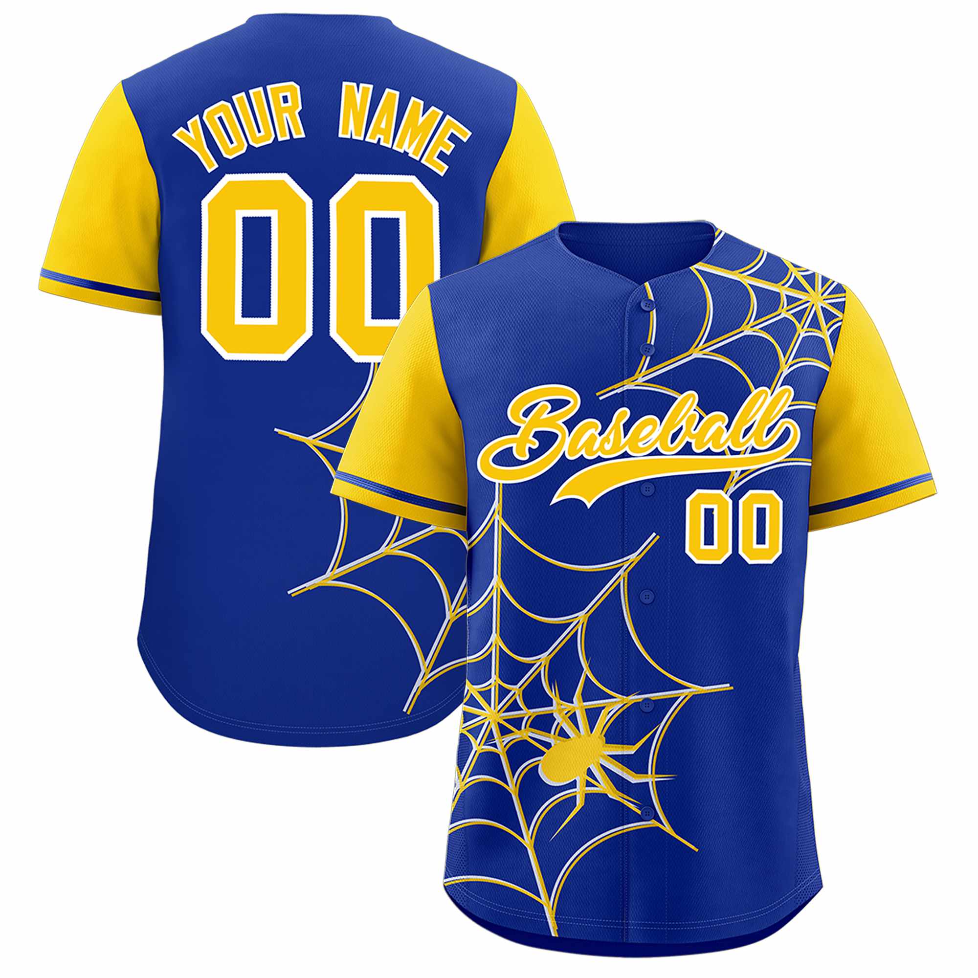 Custom Royal-Gold Spider Web Pattern Raglan Sleeves Authentic Baseball Jersey