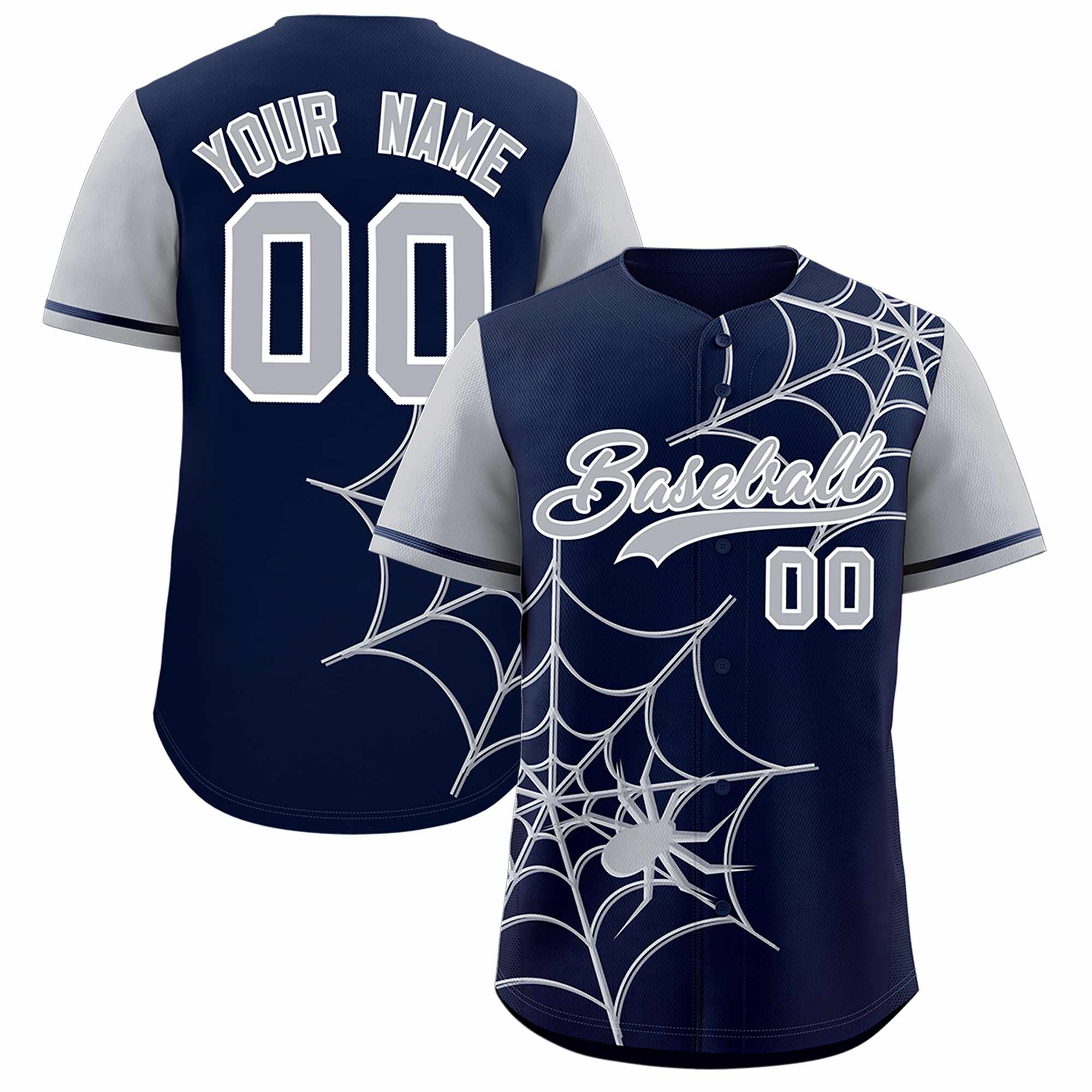 Custom Navy-Gray Spider Web Pattern Raglan Sleeves Authentic Baseball Jersey