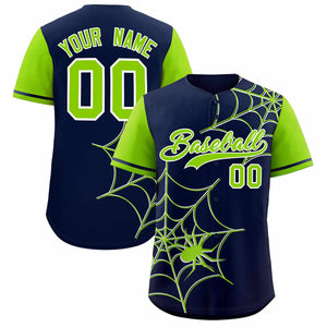 Custom Navy-Neon Green Spider Web Pattern Raglan Sleeves Authentic Baseball Jersey