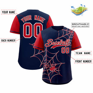 Custom Navy Red Spider Web Pattern Raglan Sleeves Authentic Baseball Jersey