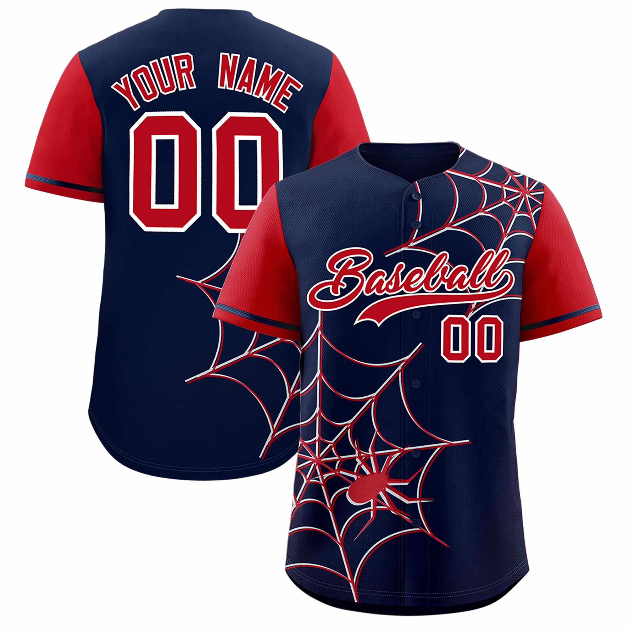 Custom Navy Red Spider Web Pattern Raglan Sleeves Authentic Baseball Jersey