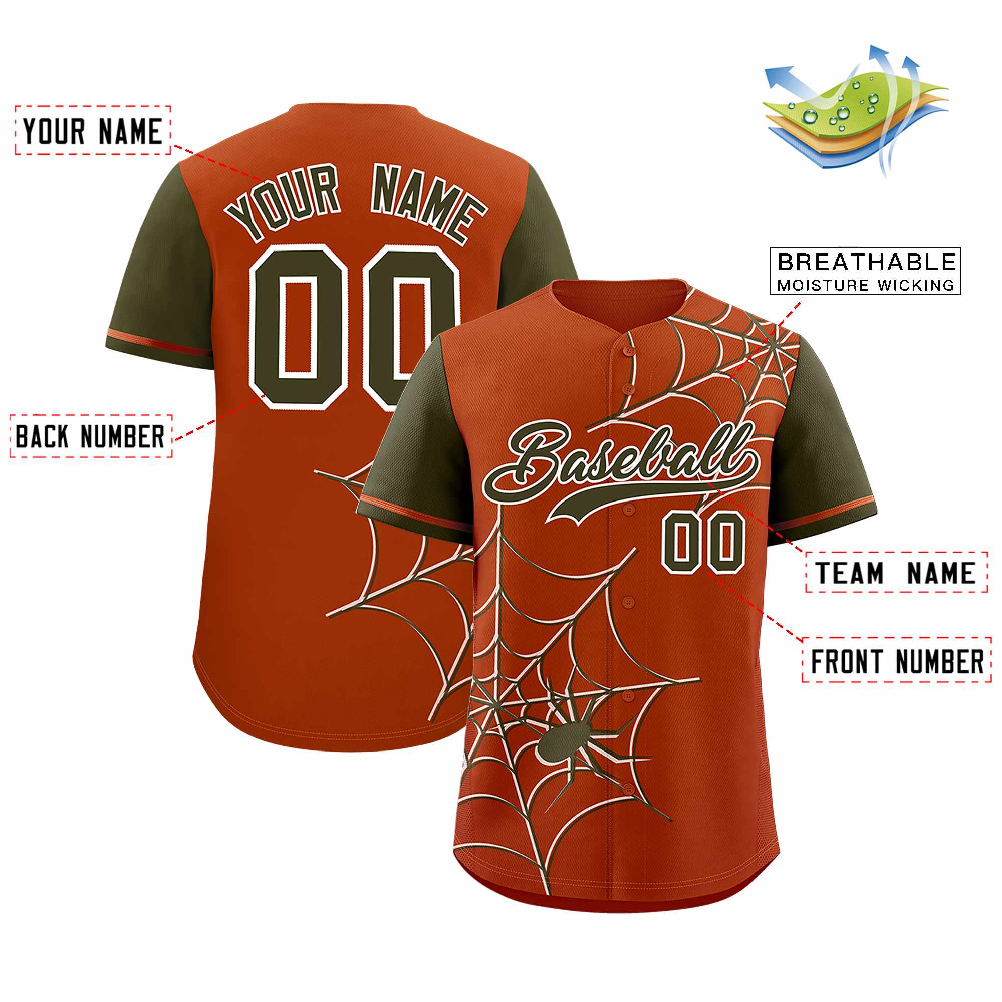 Custom Texas Orange-Olive Spider Web Pattern Raglan Sleeves Authentic Baseball Jersey