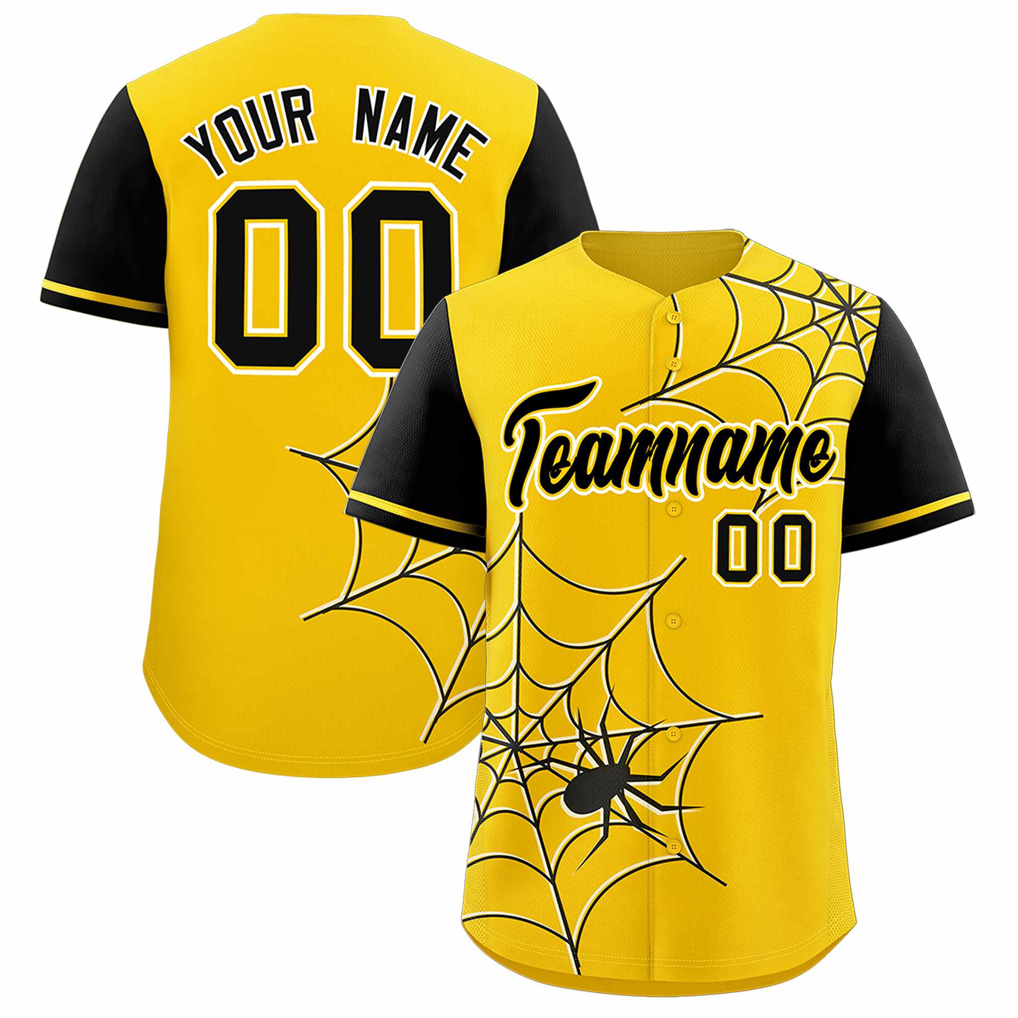 Custom Gold-Black Spider Web Pattern Raglan Sleeves Authentic Baseball Jersey