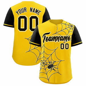 Custom Gold-Black Spider Web Pattern Raglan Sleeves Authentic Baseball Jersey