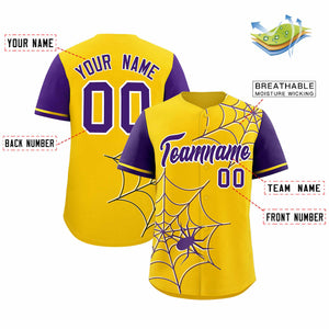 Custom Gold-Purple Spider Web Pattern Raglan Sleeves Authentic Baseball Jersey