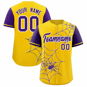 Custom Gold-Purple Spider Web Pattern Raglan Sleeves Authentic Baseball Jersey