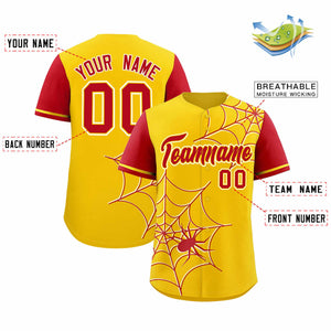 Custom Gold-Red Spider Web Pattern Raglan Sleeves Authentic Baseball Jersey