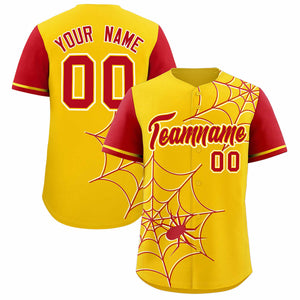 Custom Gold-Red Spider Web Pattern Raglan Sleeves Authentic Baseball Jersey