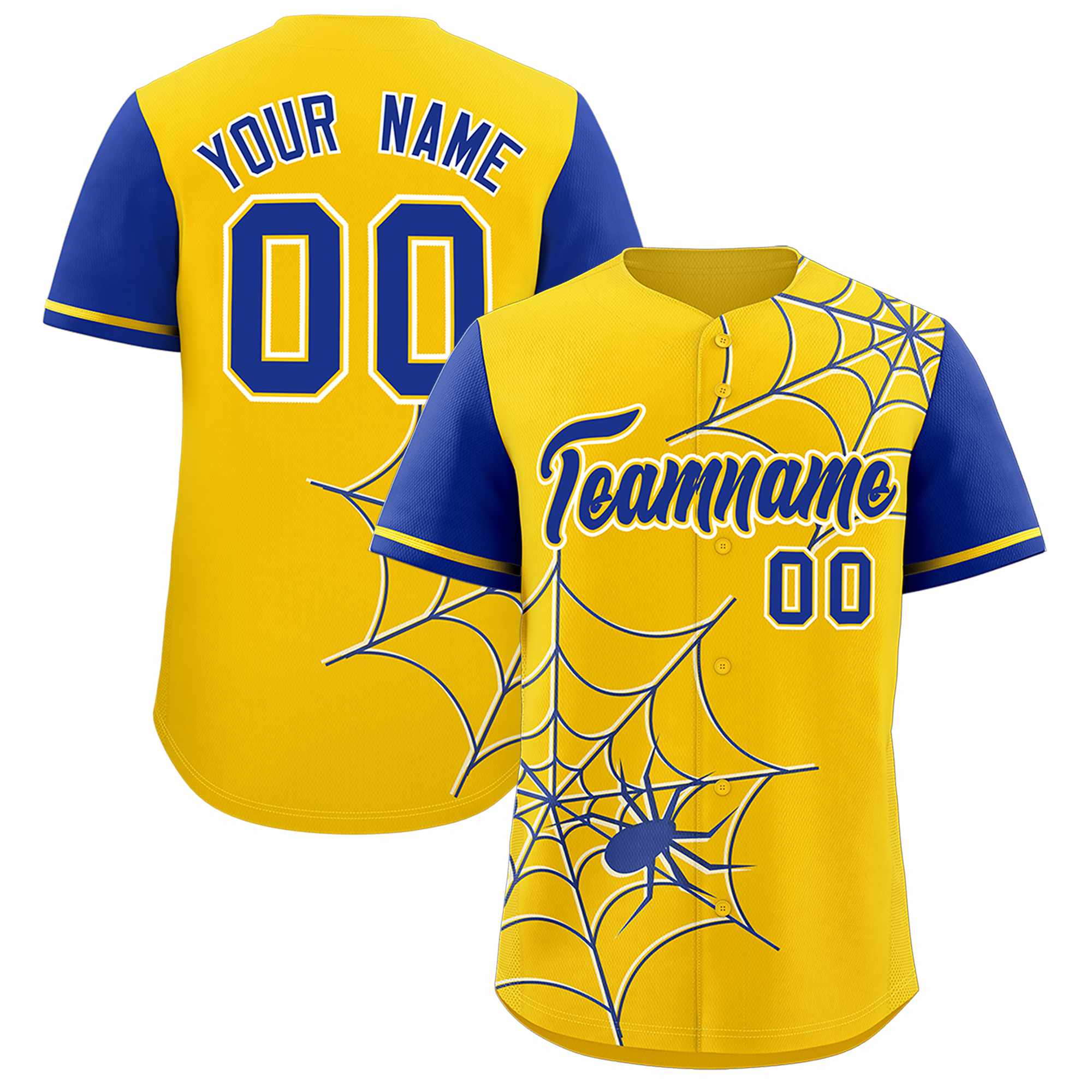 Custom Gold-Royal Spider Web Pattern Raglan Sleeves Authentic Baseball Jersey